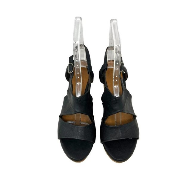 Coclico Sz 36 Black Strapped Sandal Platform Wedge Cork Used  Coclico Black Leather Strappy Cork Platform Wedge Sandals - Size 8.5